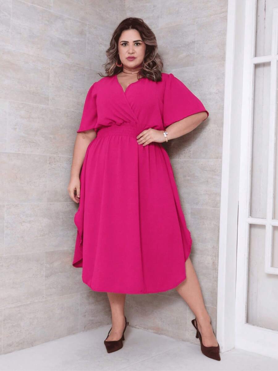 Women's Casual V-Neck Criss-Cross Midi Wrap Dress Plus Size Elegant Loose Godet Sleeve Side Slit Discreet - 玫瑰紅 - 查看 1
