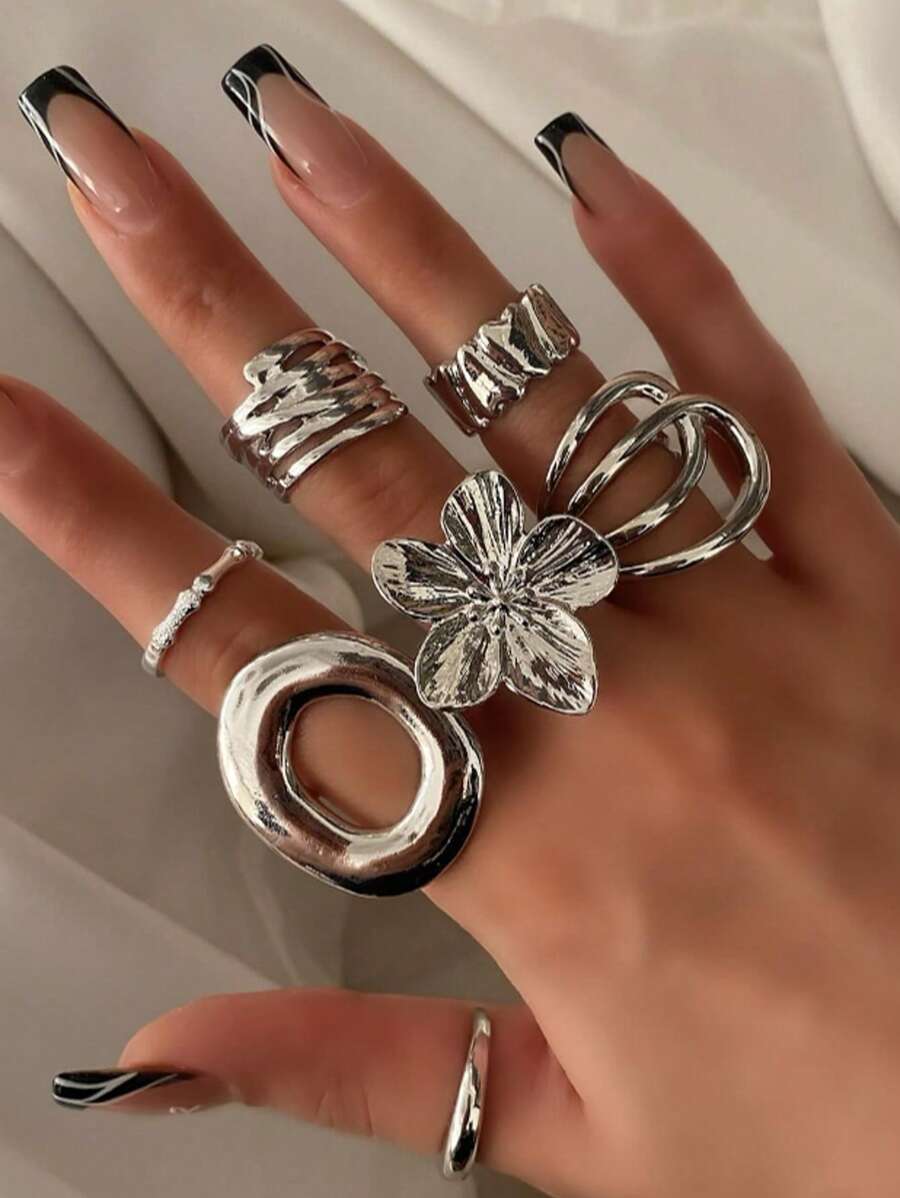 Set de 12/7 piezas de anillos de joyería gruesos y geométricos de estilo vintage con flores de metal simple, adecuados para vacaciones, playa, citas, uso casual diario y fiestas
