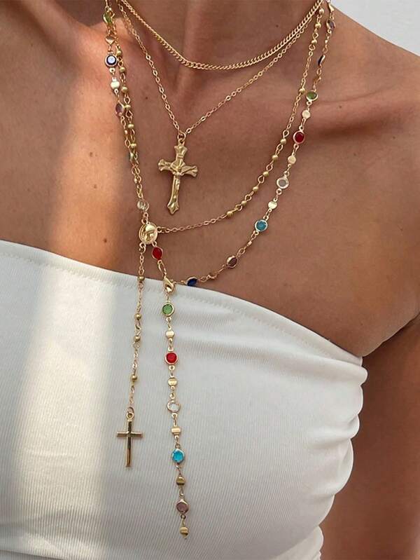 4pcs Fashion Colorful Zirconia Chain Necklace Set Includes Y-Shaped, Long Cross Pendant Necklaces, Suitable For Traveling, Dating, Party