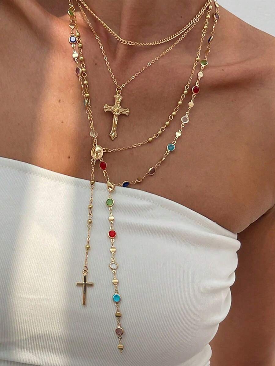 4 件时尚彩色锆石链项链套装包括 Y 形、长十字架吊坠项链，适合旅行、约会、派对