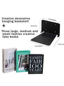 Unsichtbares schwebende Bücherregal - Modernes schwarzes wandmontiertes Metall-Bücherregal für Zimmer, Schlafzimmer, Bücherregal, kleine Bücherregale mit minimalistischem Design, eleganter Stauraum für Bücher und Dekorationen plus drei große, mittlere und kleine dekorative Bücherdummies