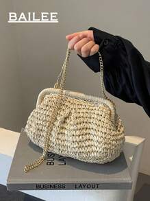 Bolso bandolera de mujer trenzado de verano con borla y cadena, bolso de playa tejido de papel con hombro, cartera hecha a mano, 1 bolso de embrague tejido de papel color beige claro para mujer, bolsas de playa, artículos esenciales de vacaciones, perfecto para vacaciones de verano, opción ideal para damas de moda