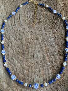 1 pieza Collar de piedra natural con flor de cerámica y perlas falsas, estilo bohemio, collar de cerámica azul, adecuado para uso diario de mujeres, citas, fiestas, vacaciones en la playa, regalo de joyería