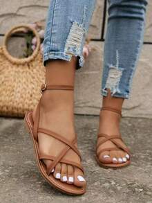 New Fashionable Plus Size Criss-Cross Strap Buckle Versatile Sandals - Brown - View 7