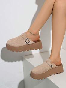 女士圆头厚底舒适一脚蹬休闲时尚穆勒鞋，柔软防水外底，春季 - 杏色 - 查看 3