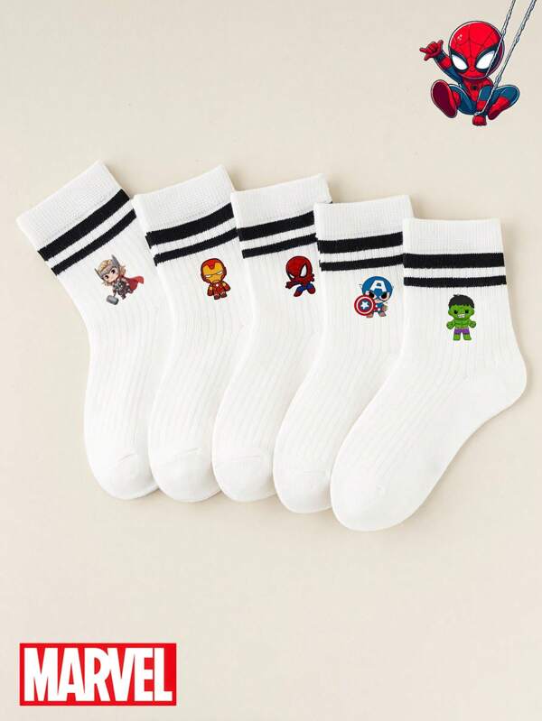 Disney Disney 1/5 Pairs Spider-Man, Hulks, Thor Pattern Children's Socks, Black Double Bar White Mid-Calf Socks, Girls' Short Socks, Boys' Short Socks, Soft Comfortable Breathable Ankle Socks