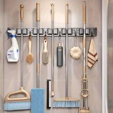 1pc Wall-Mounted Metal Broom Holder Rack With Adjustable Hooks, Suitable For Bathroom, Kitchen, Garden, Laundry Room, Garage Storage Organizer - Powder Coated Surface, Space-Saving Rack For Broom, Mop, Tools, Shelves