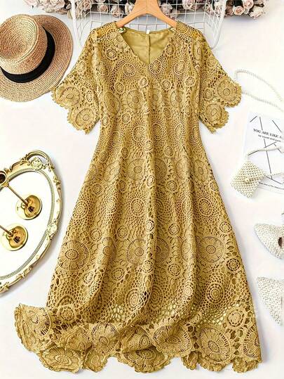 Vestido de línea A liso con cuello en V de encaje, vestido elegante con mangas cortas y ribete de concha para primavera y verano, ropa de talla grande para mujer