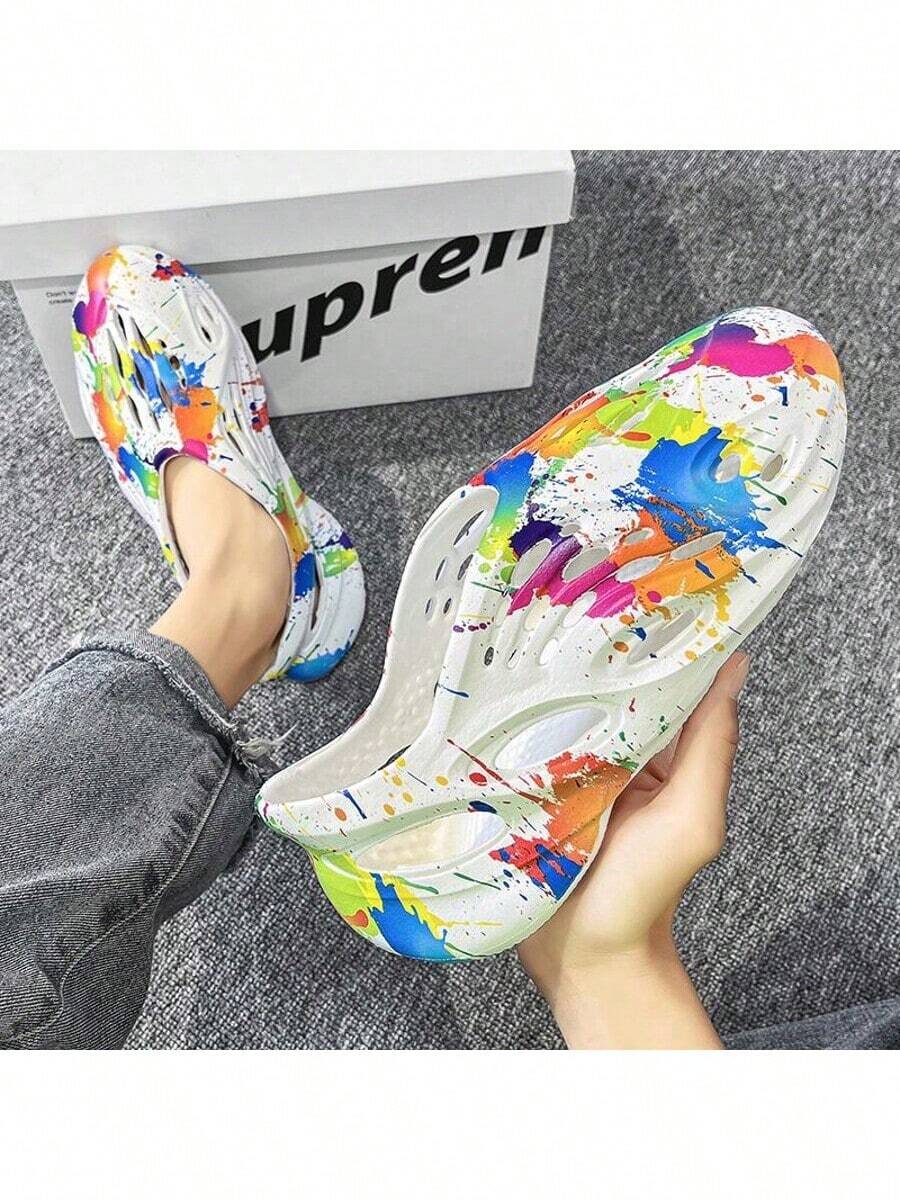 Zuecos EVA con efecto splash de color para hombres - Zapatos ligeros y transpirables para el jardín, sandalias impermeables antideslizantes para playa, patio y uso diario - Blanco - Ver 1