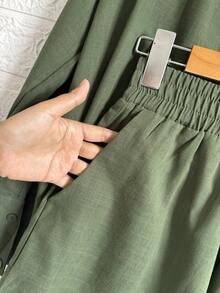 Linen Shirt And Shorts Set - 深綠色 - 查看 2