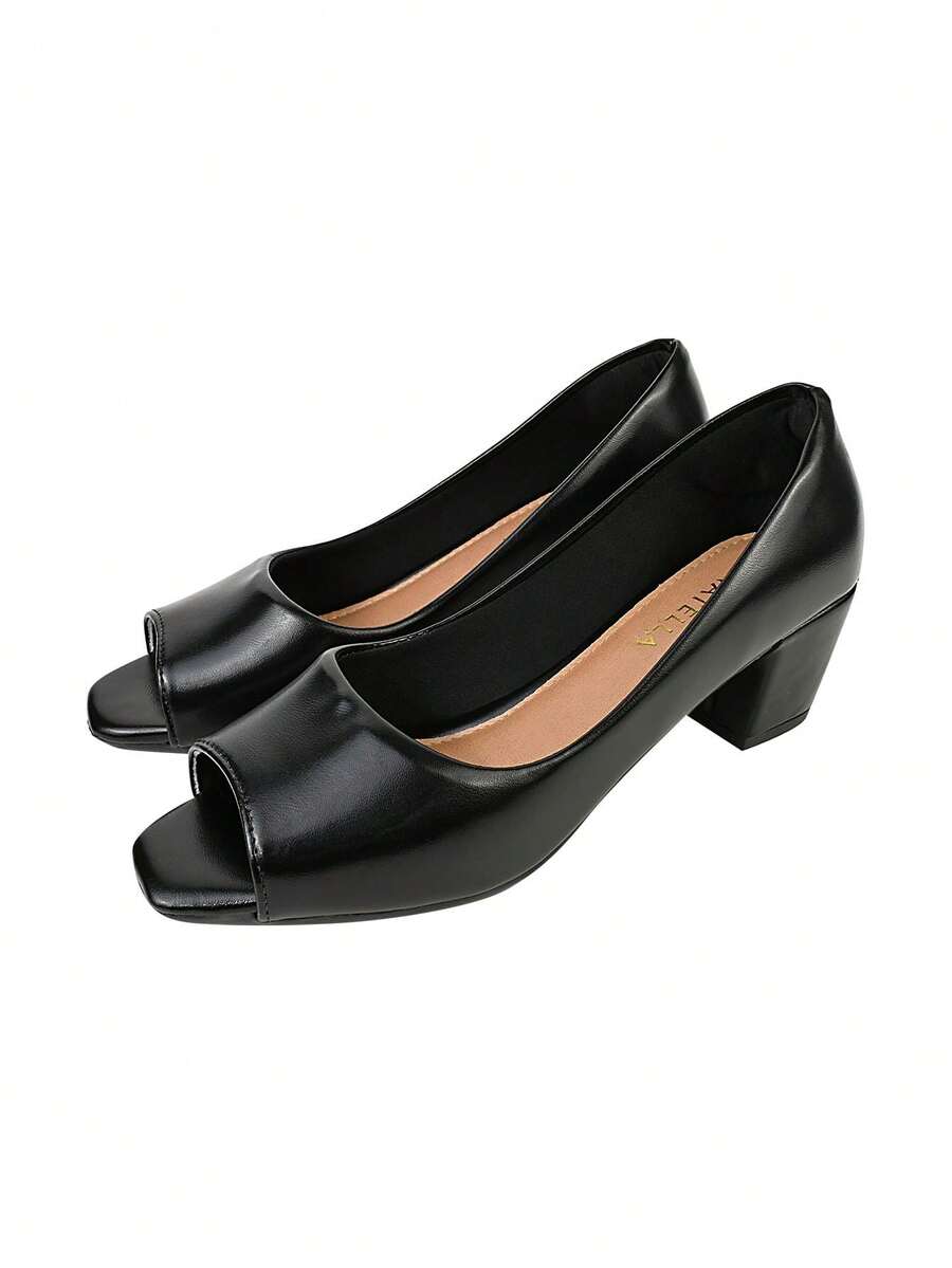 Monte Shoes Women's Pumps Square Toe CM Shoes Block Heel High Comfortable Open - 黑色 - 查看 1