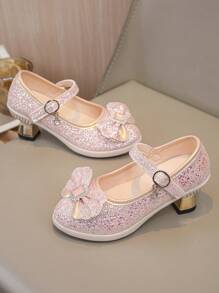 Girls Fashion High Heel Leather Shoes, Bling Glitter Princess Shoes For Kids, Suitable For Spring & Autumn