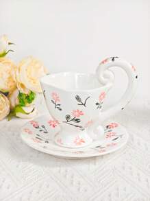 1 Set Taza de café de cerámica pintada a mano con plato, de estilo floral, de gran tamaño para uso doméstico y regreso a la escuela
