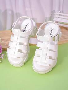 1 Pair Girls White Woven PU Breathable Open Toe Mid-Top Strap Flat Casual Sandals, Suitable For Daily Wear/Summer - White - View 4
