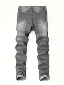 1 件男士灰色弹力紧身破洞百搭牛仔裤，户外舒适休闲工装紧身牛仔裤，Y2K 风格，适合作为送给丈夫/男朋友的礼物，日常穿着