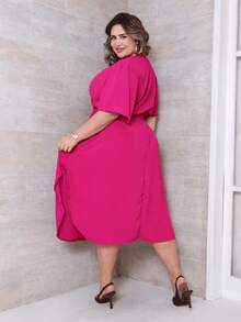 Women's Casual V-Neck Criss-Cross Midi Wrap Dress Plus Size Elegant Loose Godet Sleeve Side Slit Discreet - 玫瑰紅 - 查看 3