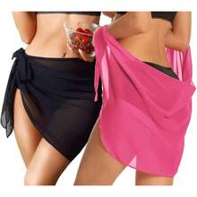 CHICGAL 2 Pieces Women Beach Sarong Bathing Suit Wrap Skirt Sheer Bikini Swimsuit Cover Ups Swimwear - 淺粉紅色和黑色 - 查看 5