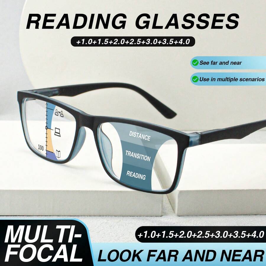 1pc Business Style Multifocal Reading Glasses, 2-In-1 Progressive Hd Lens Bifocal Eyeglasses, Comfortable Everyday Multi-Purpose - Dark Blue - View 1