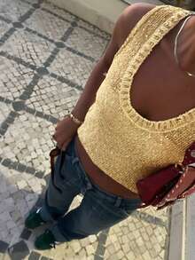 女士法式时尚休闲可爱闪亮纹理不对称下摆圆领无袖针织吊带背心，适合度假穿着，夏季必备 - 黃色 - 查看 4