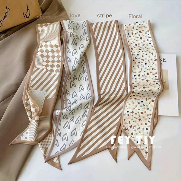 4pcs Elegant Ladies Long Scarf Headbands, Retro Style Multifunctional Headwrap, Silk Scarf, Handbag Accessory, Floral Print Polyester