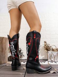 Women's Fashion Embroidered Red Peach Q Wings One Step Versatile Boots - 黑色 - 查看 3