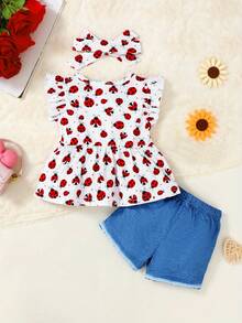 Baby Girl Ruffle Sleeve Cute Pattern Ladybug T-Shirt And Shorts Outdoor Set, Toddler Girl Casual Summer Outfit - 白色 - 查看 3