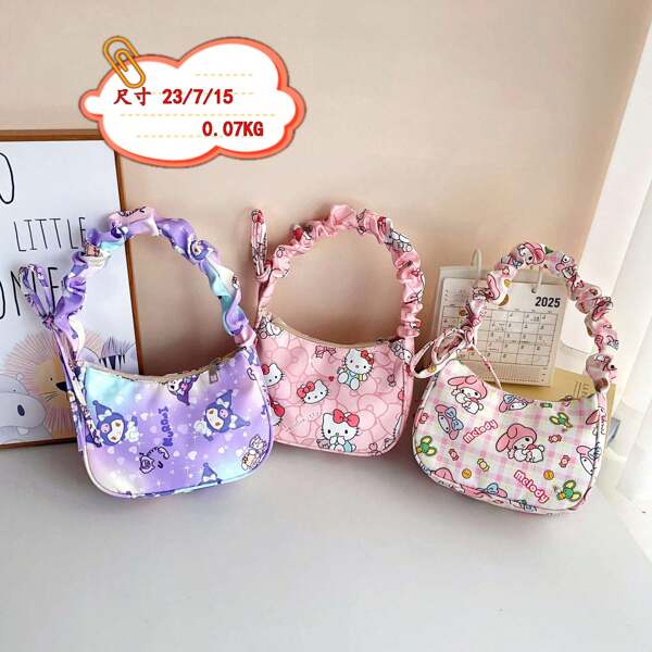 Sanrio Mini Solid Color Women Pleated Handbag, Solid Color Cloud & Crescent Design Women Shoulder Bag