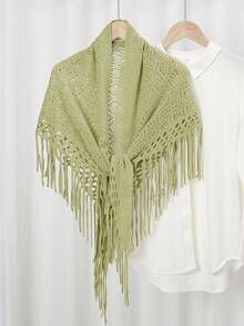 1pc Women's Autumn/Winter New Solid Color Triangle Tassel Knitted Scarf Shawl - 08-light Green - View 2