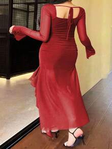 女式加大码网眼荷叶边长袖优雅休闲连衣裙，秋季加大码服装，女士端庄连衣裙，圣诞节 - 紅色 - 查看 2