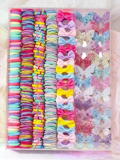 VBOOR 287件/套可爱闪亮蝴蝶结发饰套装，包含发圈、发绳、亮面蝴蝶结发夹 - 适合女孩和女士，日常造型必备 - 发饰，适合日常和派对，圣诞派对、学校用品、优雅、大学、礼物、蝴蝶结、女士节日装扮、高贵、圣诞节必备发饰