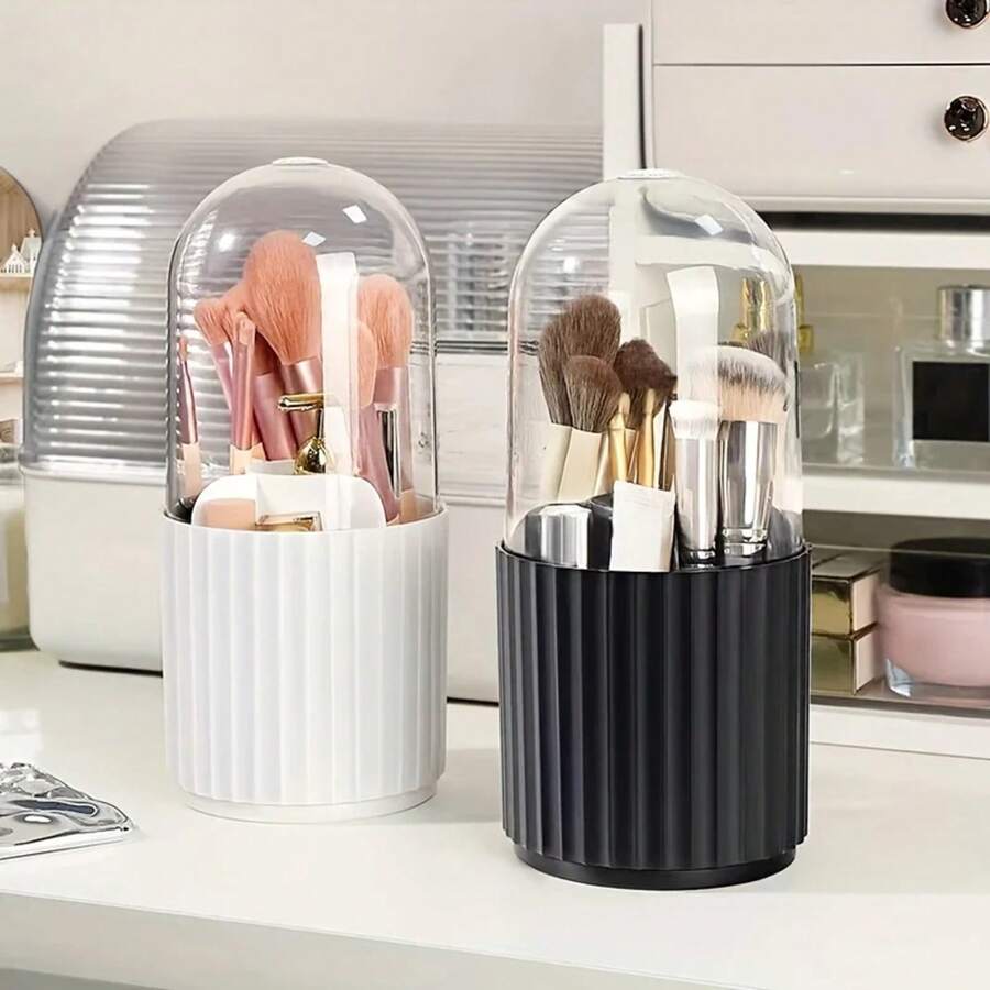 1 pieza de cilindro de almacenamiento de brochas de maquillaje giratorio a prueba de polvo, cubo de brochas de labios y polvo, estante de almacenamiento para cosméticos en el tocador - Negro - Ver 1