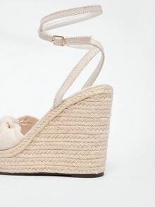 Women's Wedge Platform Espadrille Sandals With Back Zipper, High Heeled Roman Sandals, Travel Essential, Open Toe, Bowknot, Suitable For Spring - Rice - View 9
