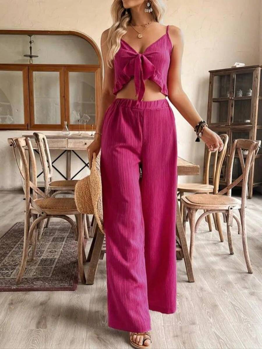 Two-Piece Set Women's Solid Crop Top & Wide Leg Pants, Casual Fashion Cozy For Daily Outdoor Wear, Ladies Clothes For Summer - Pink - View 1