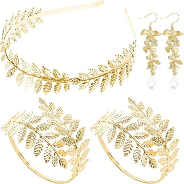 5 Teiliges Griechische Göttin Kostüm Accessoires Set, 1 Stücke Goldenes Blatt Kronen Haarband, 2 Stücke Oberarm Armreif, 2 Stücke Hängende Ohrringe, Braut Hochzeit Kopfschmuck Toga Kostüm Halloween