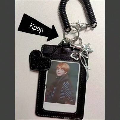 Black PU Leather Silver Cat Bow Pendant Photo Card Holder Student Campus Card ID Card Holder Kpop,School Supplies,Back To School