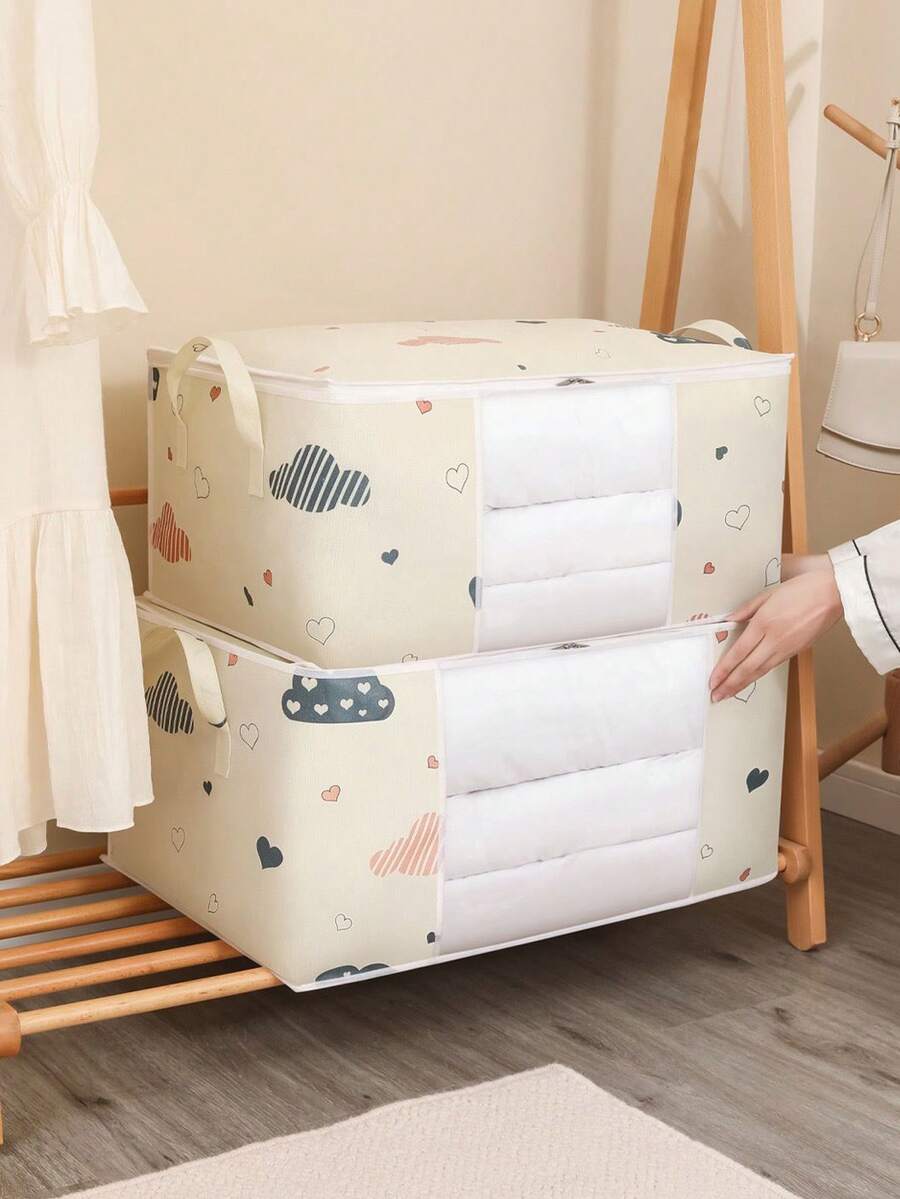 1/2pcs Household Quilt Storage Bag, Clothes Storage Box, Dust-Proof Cartoon Graphic Closet Storage Bag, For Household - Beige - View 1