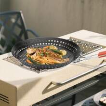 1 Stück Edelstahl Grill Korb - Runde perforierte Grillpfanne mit klappbarem Griff für Outdoor-Grill und Backen