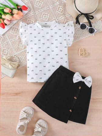 女童时尚两件套：花卉印花荷叶边领无袖上衣搭配不对称蝴蝶结下摆裙，适合 4-7 岁女童休闲、上学、派对、户外穿着