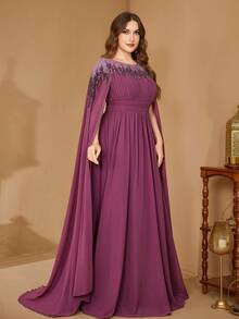 SUPGIR Plus Women's Stand Collar Cape Sleeve Sequin Patchwork Slim-Fitting Chiffon Temperament Evening Dress - Red Violet - View 8