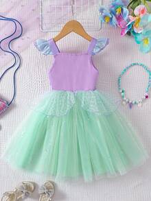 Girls' Sleeveless Sequin & Fish Scale Print Princess Mermaid Dress - Green - View 3