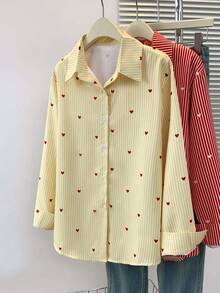 Women's Heart Print Polo Collar Striped Shirt - Casual Button-Up Long Sleeve Vacation Top For Spring Summer Fall Everyday Outfits