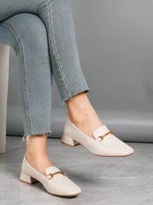 Women's Black Chunky Heeled Casual & Work Shoes, Square Toe Fashion Slip-On Loafers For Spring, Autumn, Winter