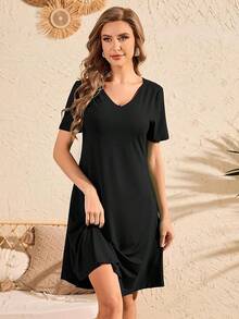 Women's Shirt Dress Short Sleeve Spring Summer Casual Loose Flowy Swing Midi Tunic Dresses - Black - View 4