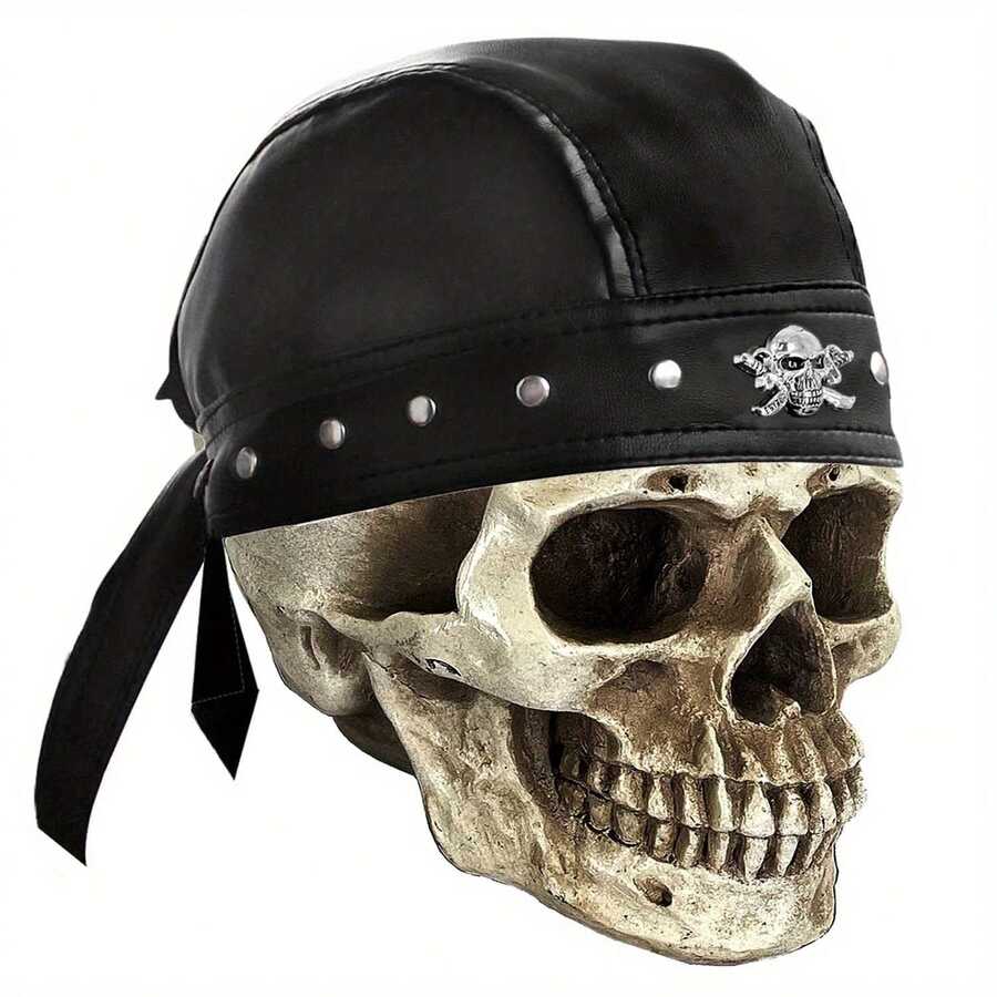 Steampunk Bandana Doo Do Rag Headwrap Biker Party Leather Studs Skull Cap Mens - 黑色 - 查看 1
