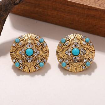 1 Pair Retro Style Copper Plated Gold Geometric Circle Inlaid Turquoise & Crystal Stud Earrings, Personal Design Gift For Women, Suitable For Dates, Parties