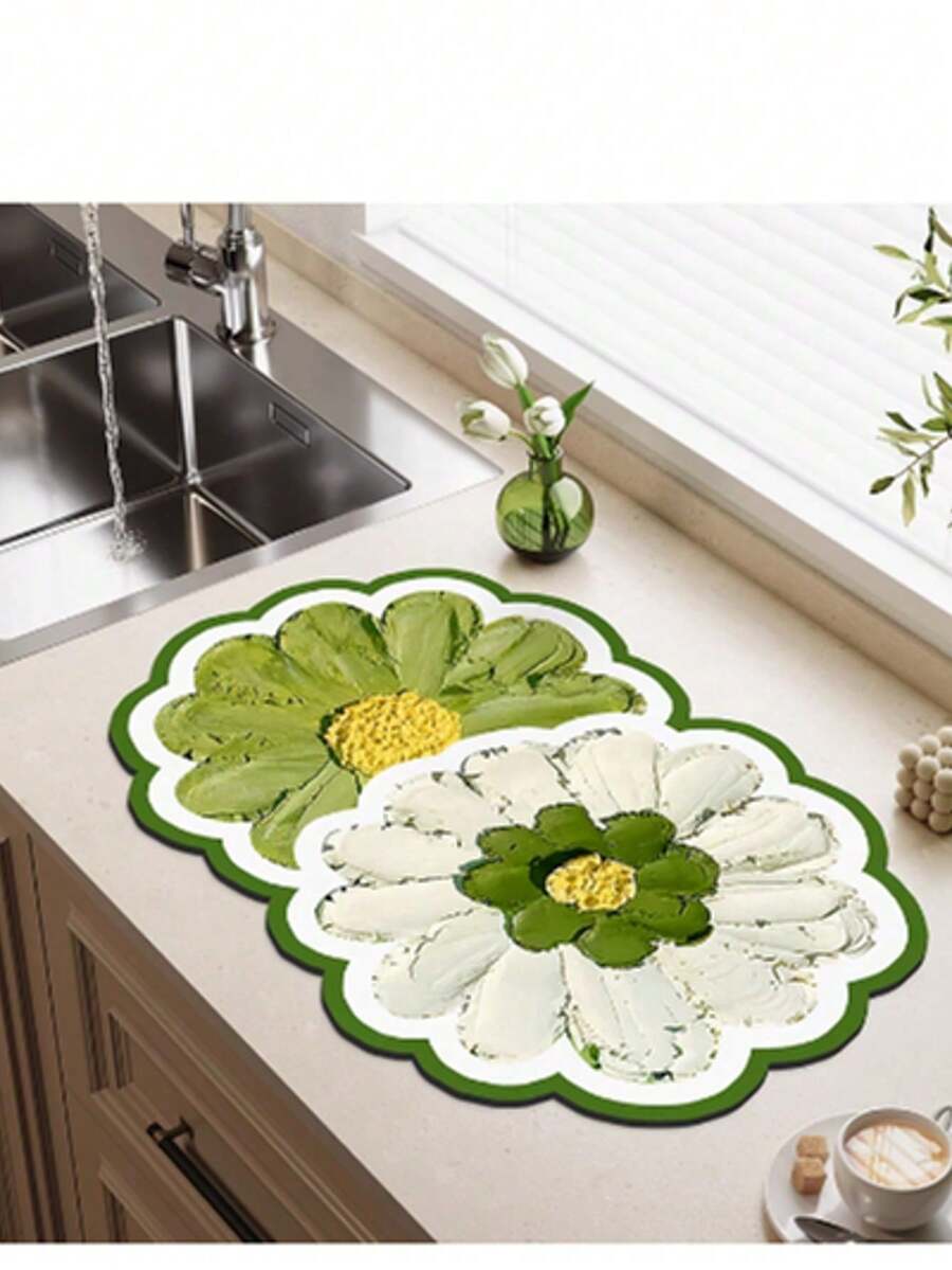 花朵印花硅胶碗碟干燥垫，吸水快干厨房台面垫，耐热咖啡杯垫 - 彩色 - 查看 1