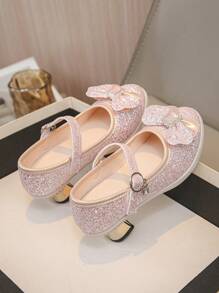 Girls Fashion High Heel Leather Shoes, Bling Glitter Princess Shoes For Kids, Suitable For Spring & Autumn