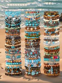 Boho Vintage Turquoise Beaded Bracelet Set, Handcrafted Denim Hat Leaf & Flower Charms, Unisex Fashion Jewelry For Daily Wear, Stone Wooden, Ideal For Valentine's, Carnival, Christmas Gifts - Random Style - 彩色 - 查看 1