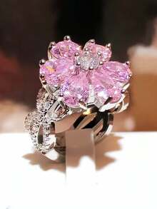 1 pieza Anillo colgante de flor con cristales de arcoíris incrustados lujosamente, adecuado para uso diario, elegantes fiestas, bodas, vacaciones, regalo perfecto para mujeres - Multicolor - Ver 3