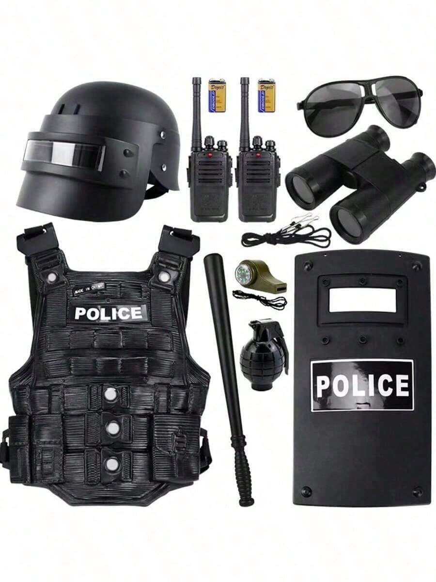 1 Set de juguetes de disfraz de Policía y SWAT - Cinturón de munición, Granada, Esposas, Porra - Accesorios de cosplay - Juguetes de interacción familiar - Regalo de cumpleaños, Navidad, Día de San Valentín, regalo perfecto